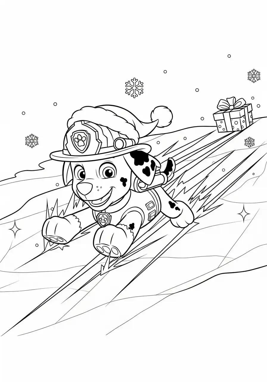 Paw Patrol Kerst Kleurplaat 16 marshall glijdt supersnel van de sneeuwheuvel Kleurplaat