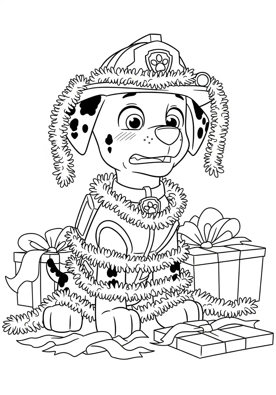 Paw Patrol Kerst Kleurplaat 18 marshall in kerstslinger tussen cadeautjes Kleurplaat