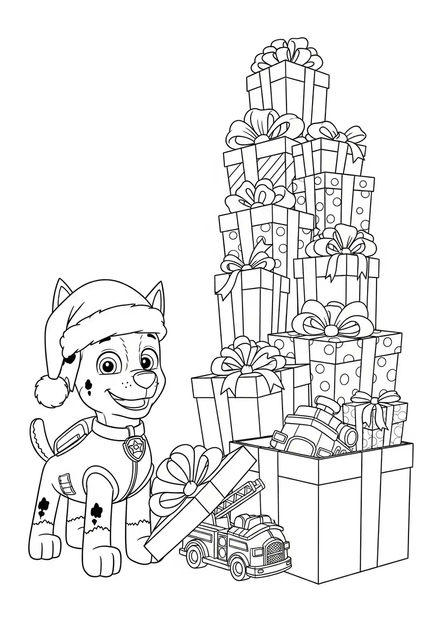Paw Patrol Kerst Kleurplaat 19 marshall met grote stapel kerstcadeaus Kleurplaat