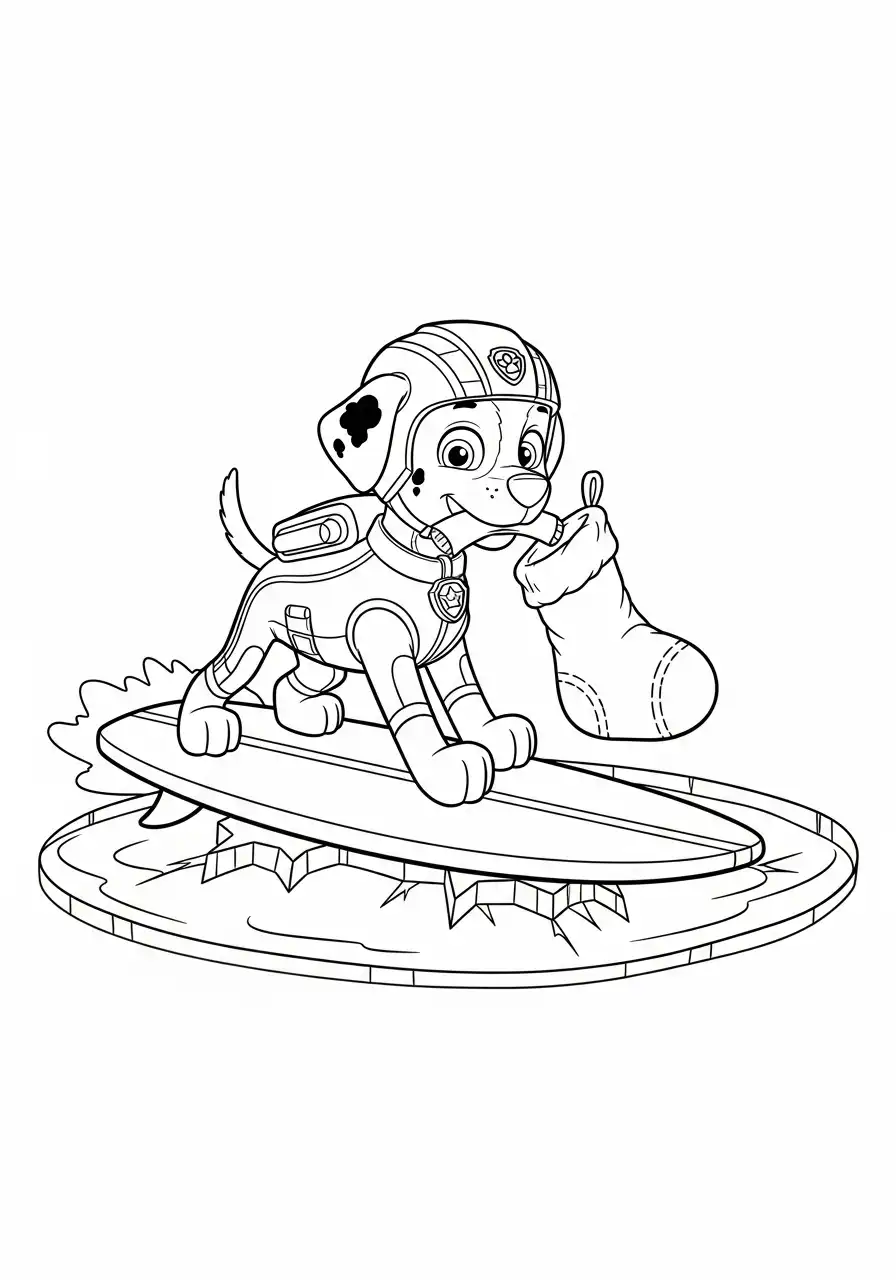 Paw Patrol Kerst Kleurplaat 22 marshall surft en houdt kerstsok vast Kleurplaat