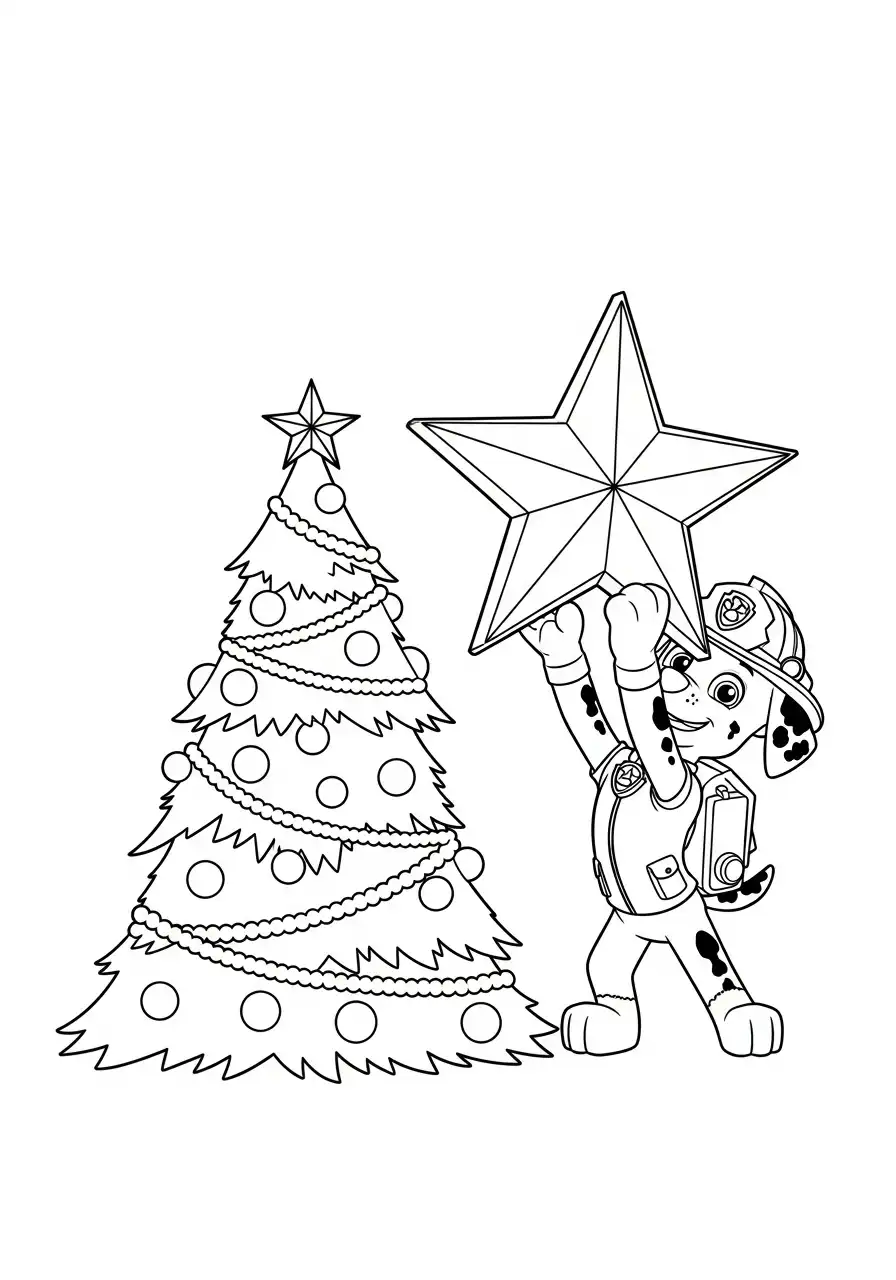 Paw Patrol Kerst Kleurplaat 26 marshall zet grote ster op kerstboom Kleurplaat