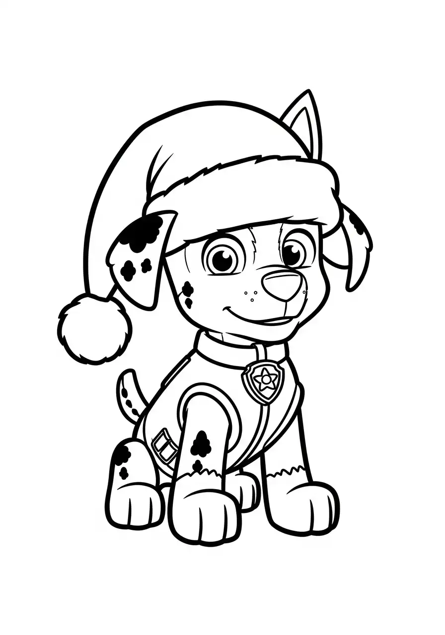 Paw Patrol Kerst Kleurplaat 27 marshall zit met traditionele kerstmuts Kleurplaat