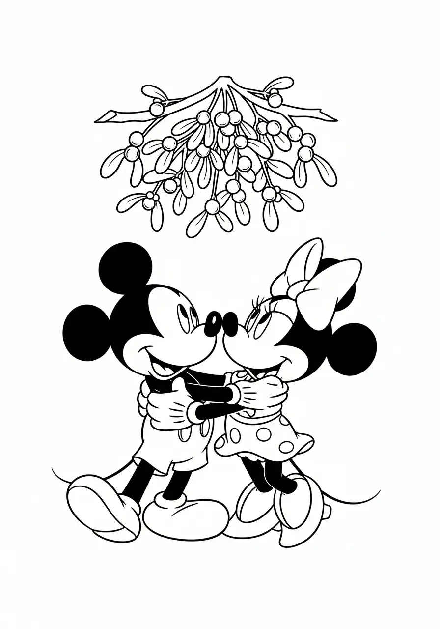 mickey en minnie onder de maretak kleurplaat