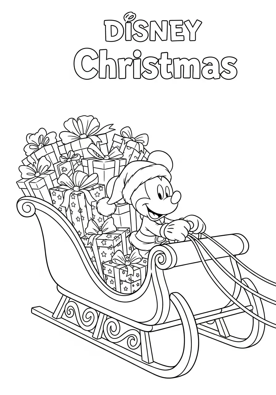 mickey in slee vol cadeaus kleurplaat