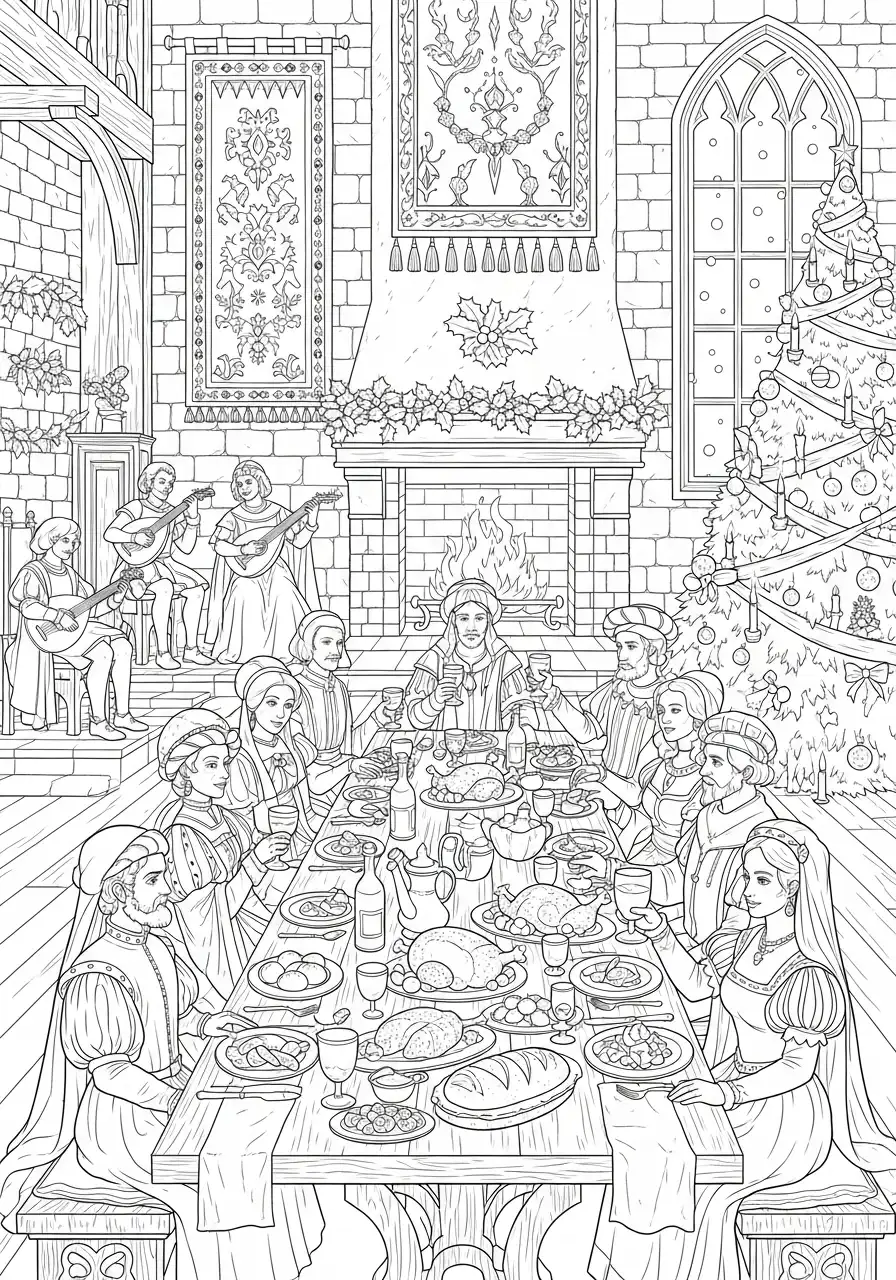 middeleeuws kerstfeest en banket kleurplaat