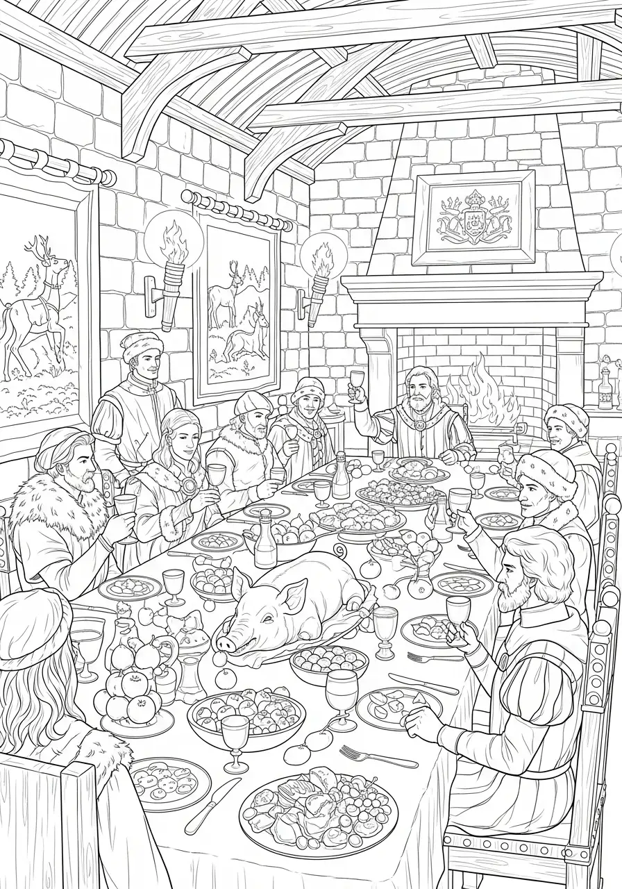 middeleeuws winterfeest diner kleurplaat