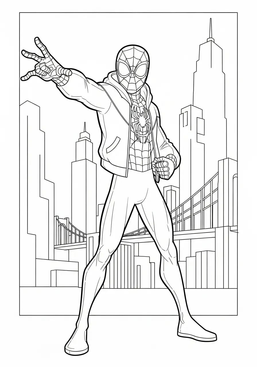 miles morales actie stad kleurplaat