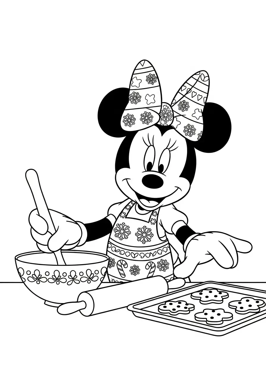 minnie mouse bakt kerstkoekjes kleurplaat