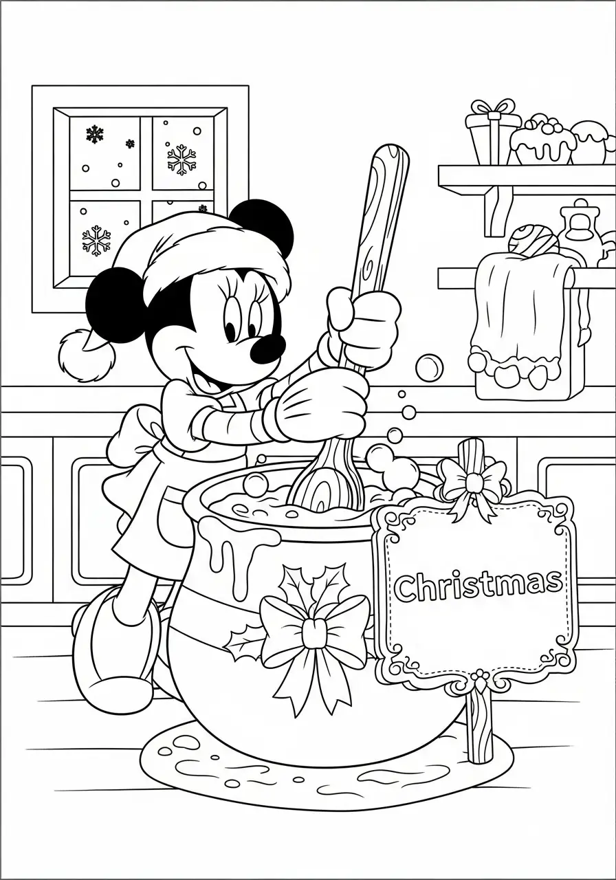 minnie mouse kookt kerstpunch in de keuken kleurplaat