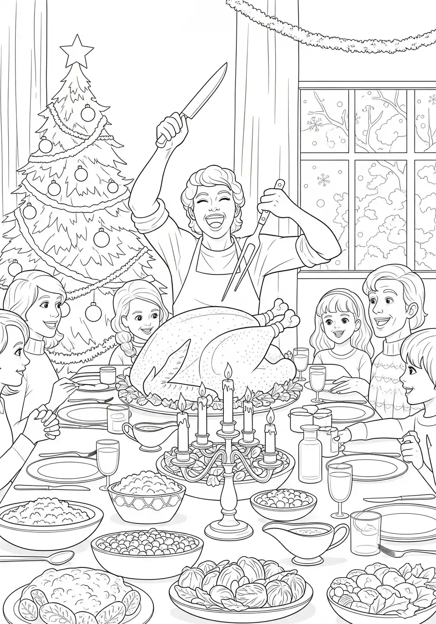 moeder snijdt de kerstkalkoen aan voor familie kleurplaat