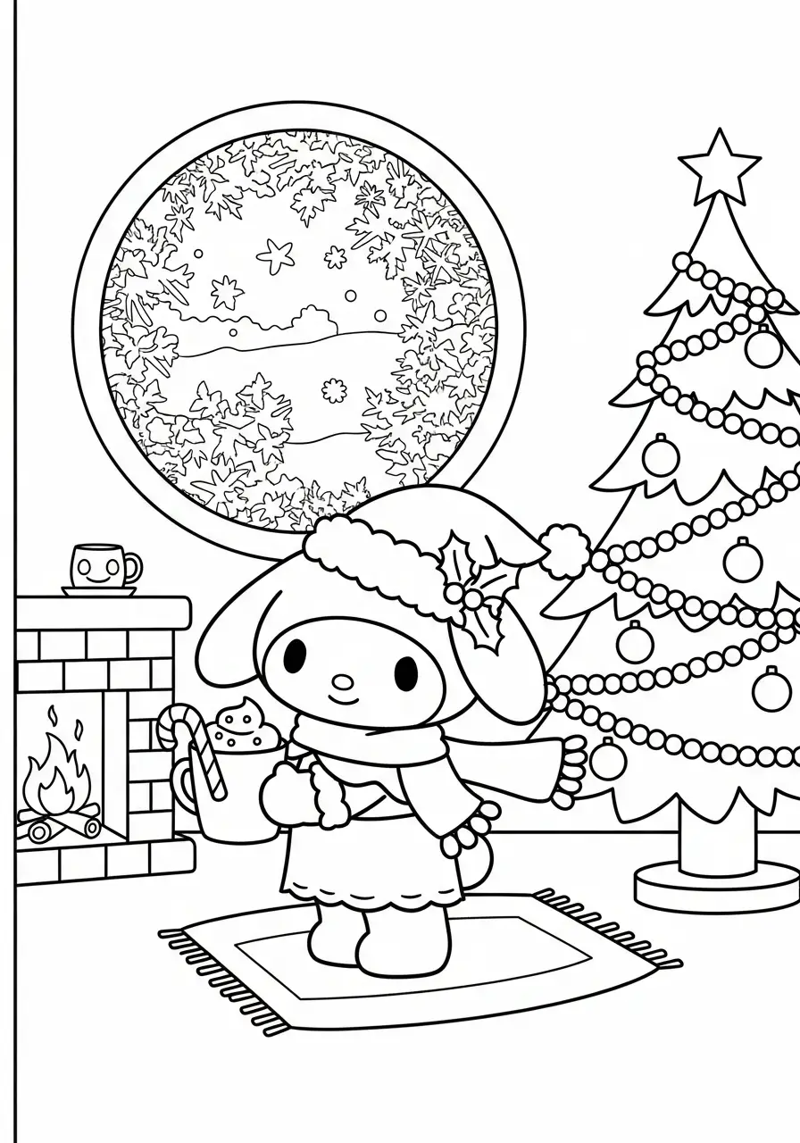 Kleurplaat Kerst My Melody 9 my melody bij de kerstboom en haard kleurplaat