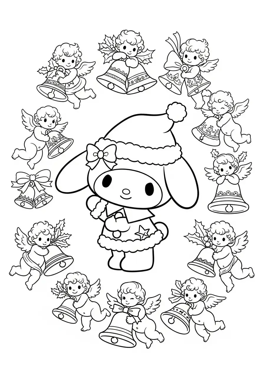 Kleurplaat Kerst My Melody 11 my melody en kerstengeltjes met bel kleurplaat