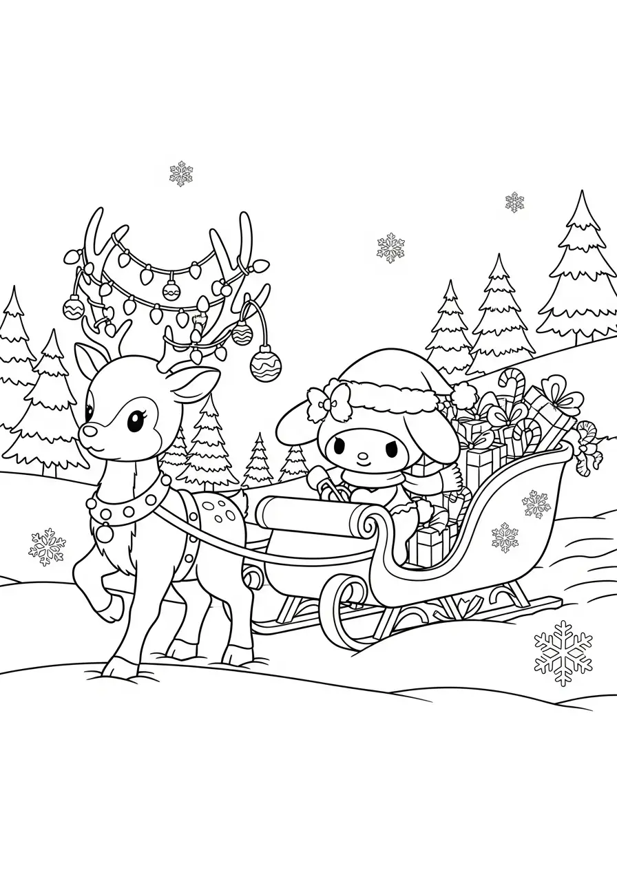 Kleurplaat Kerst My Melody 13 my melody in de slee met rendier kleurplaat
