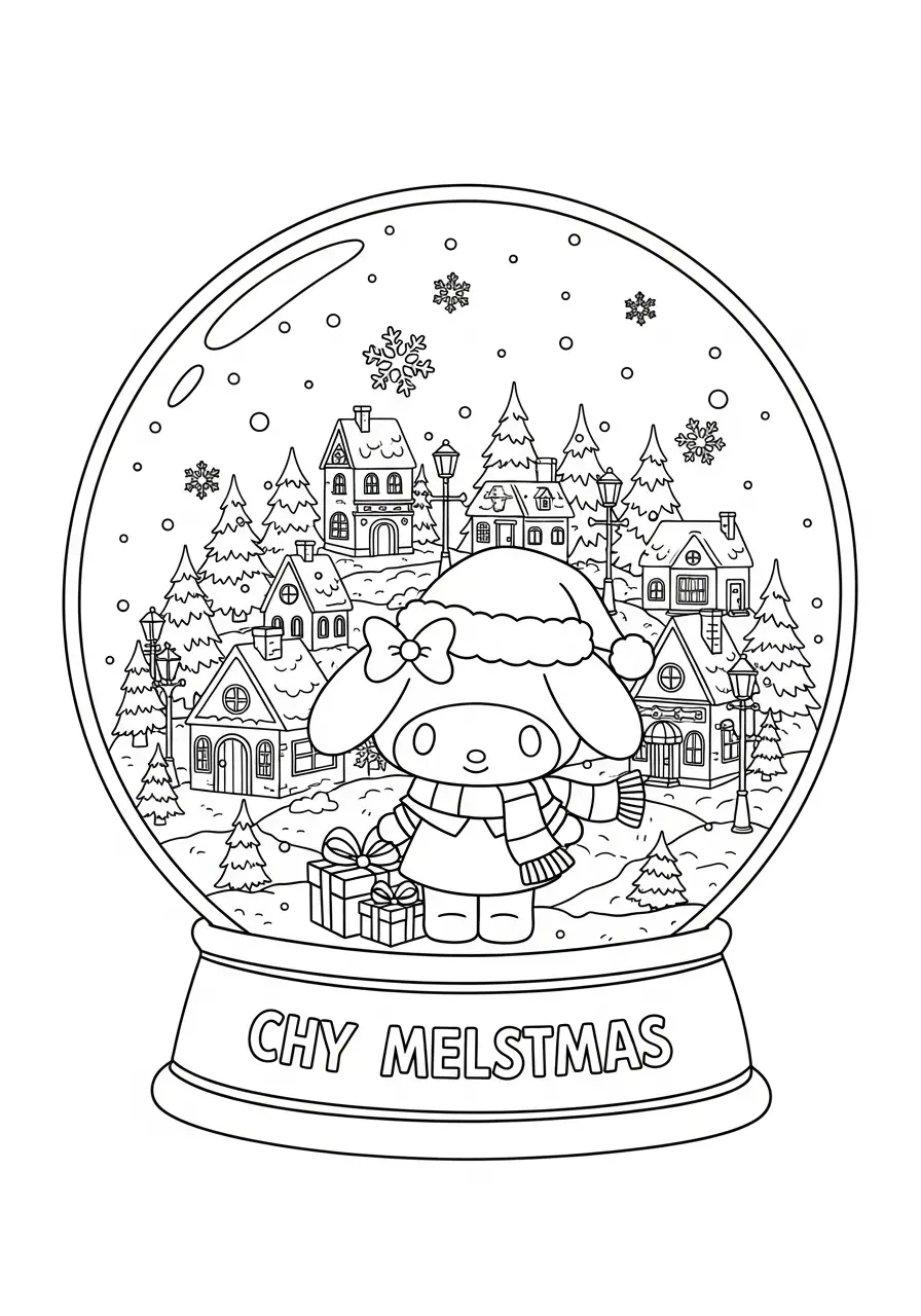 Kleurplaat Kerst My Melody 16 my melody in sneeuwbol met dorp kleurplaat
