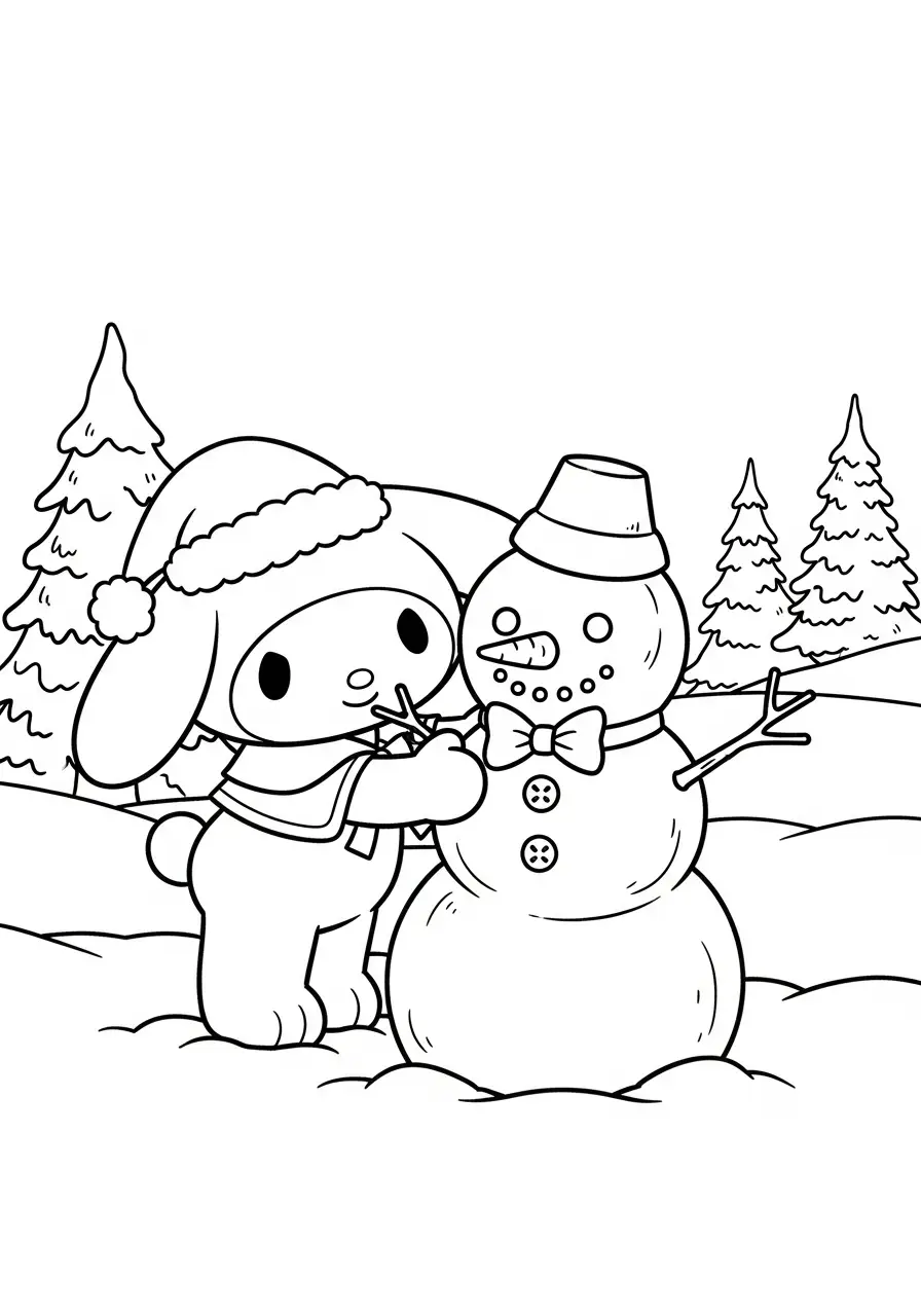 Kleurplaat Kerst My Melody 21 my melody maakt sneeuwpop kleurplaat