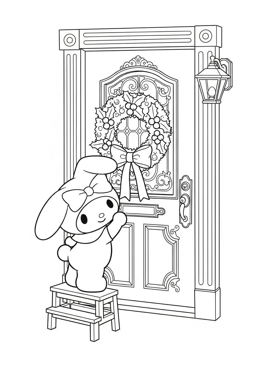 Kleurplaat Kerst My Melody 22 my melody met kerstkrans bij de deur kleurplaat