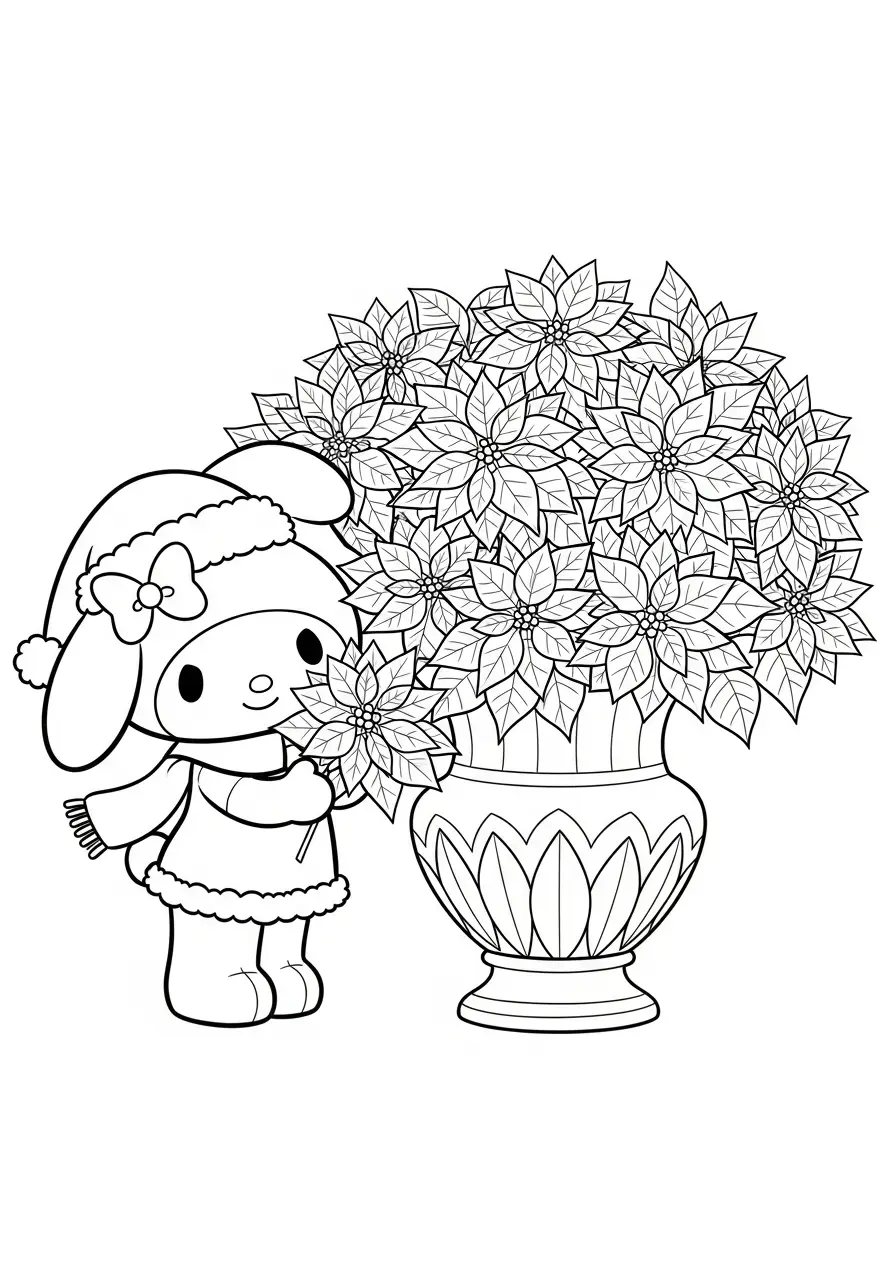 Kleurplaat Kerst My Melody 24 my melody met kerststerren in vaas kleurplaat