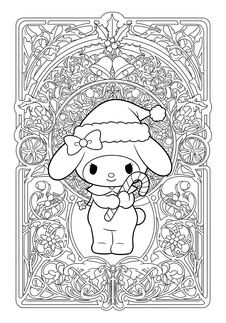 Kleurplaat Kerst My Melody 26 my melody met zuurstok en versierde rand kleurplaat