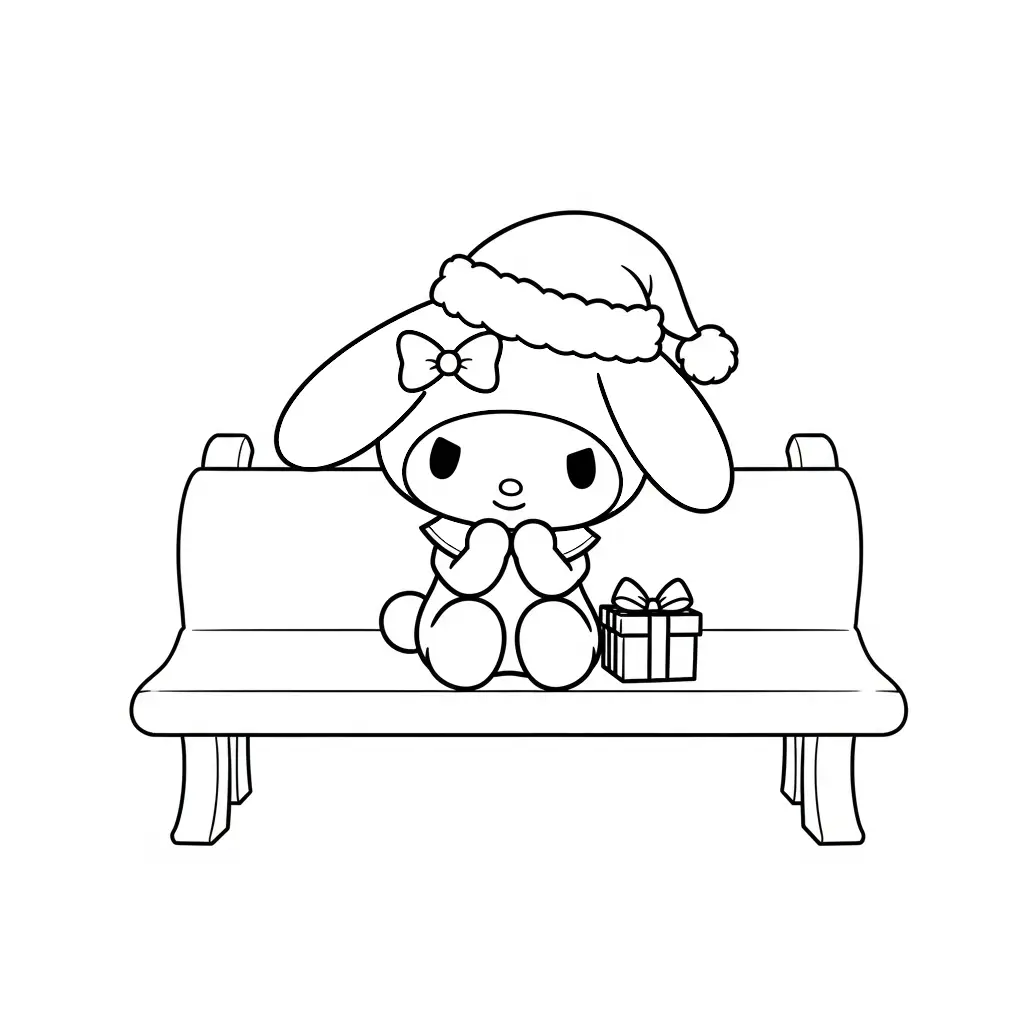Kleurplaat Kerst My Melody 27 my melody op bankje met cadeau kleurplaat