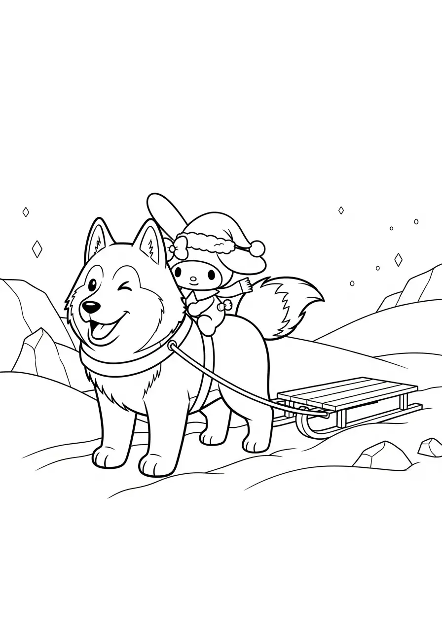 Kleurplaat Kerst My Melody 29 my melody op sleehond in de sneeuw kleurplaat