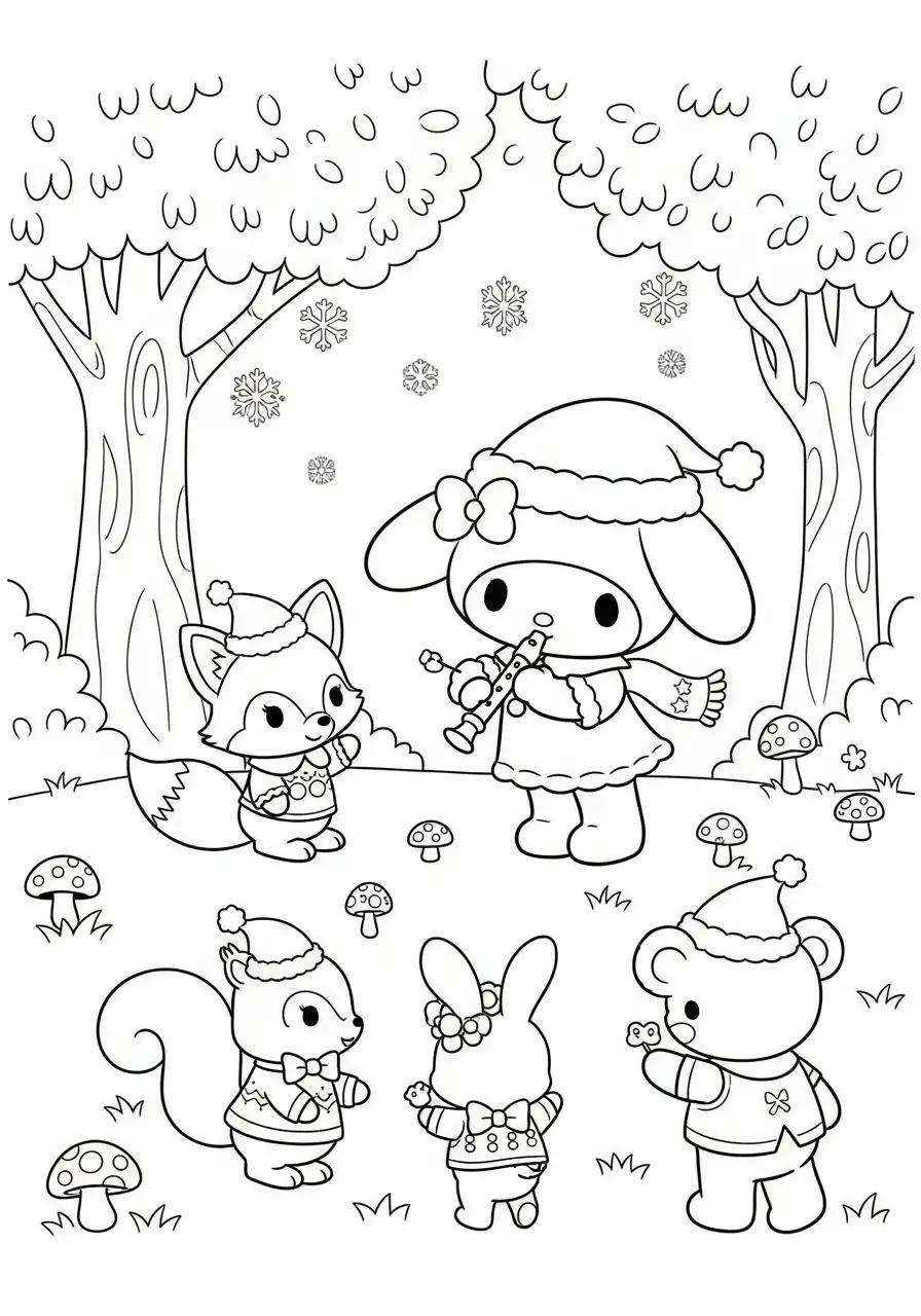 Kleurplaat Kerst My Melody 33 my melody speelt fluit voor bosdieren kleurplaat