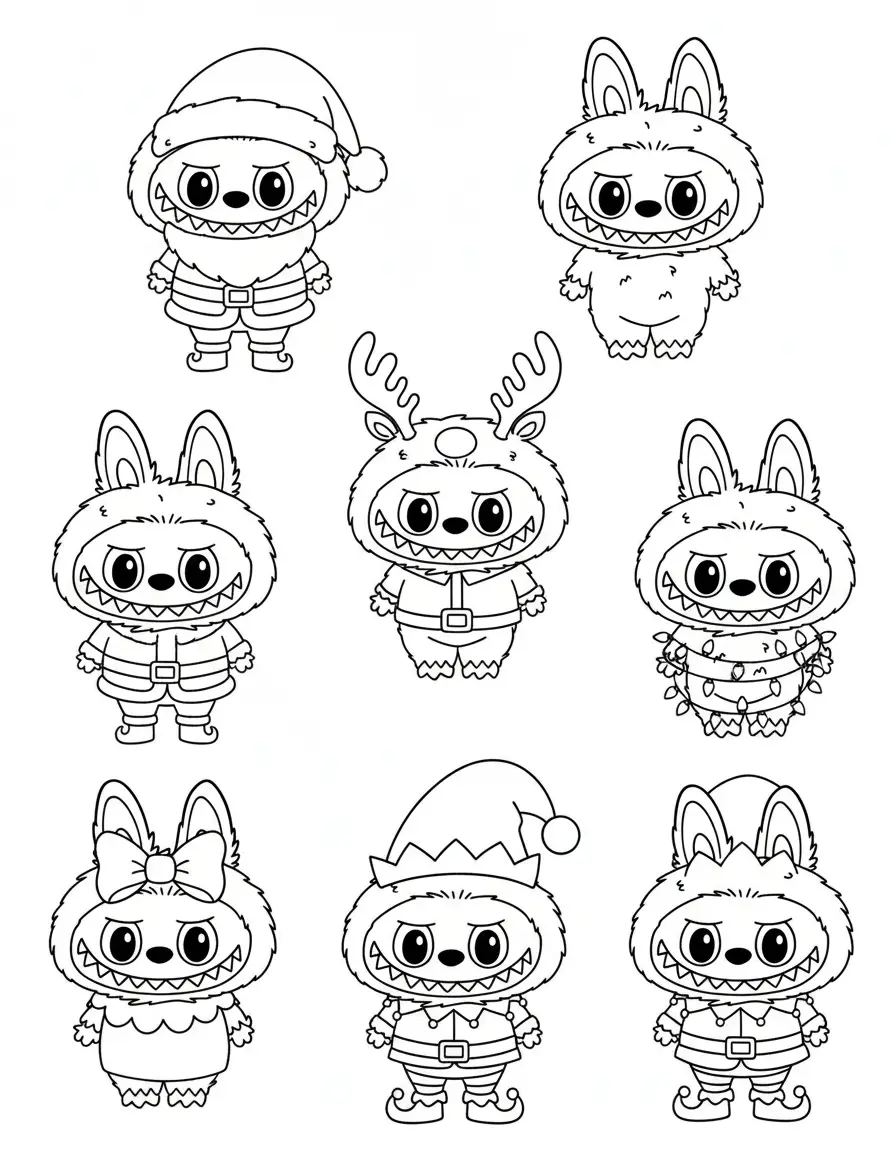 negen labubus in kerstoutfits kleurplaat