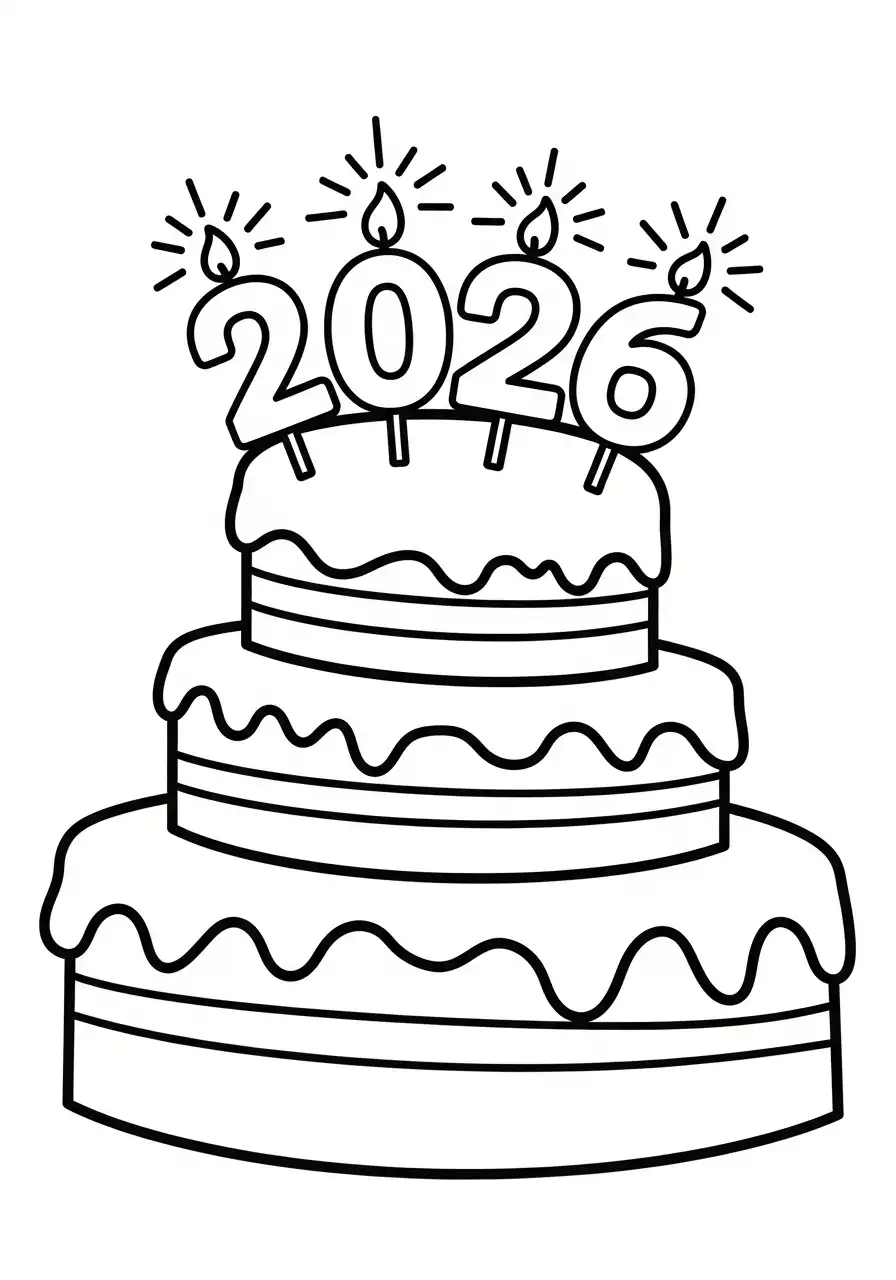 nieuwjaarstaart met kaarsen 2026 kleurplaat