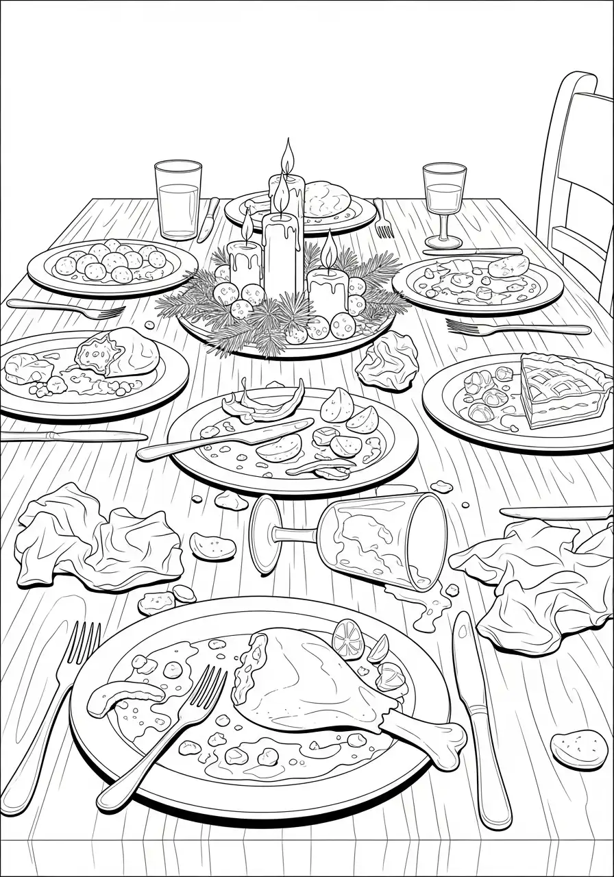 opruimen na het kerstdiner vuile borden kleurplaat