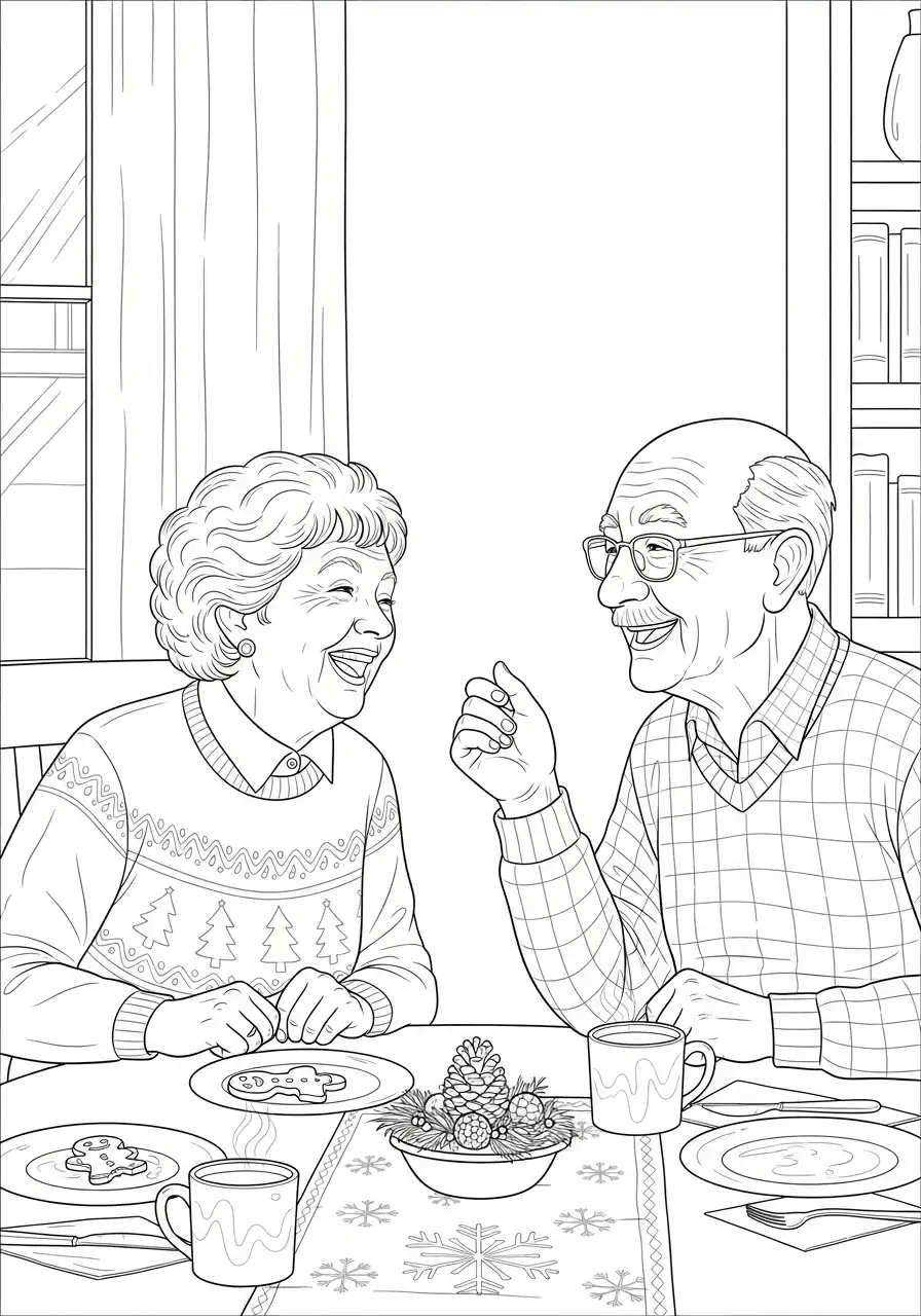 ouderen koffie drinken na het diner kleurplaat