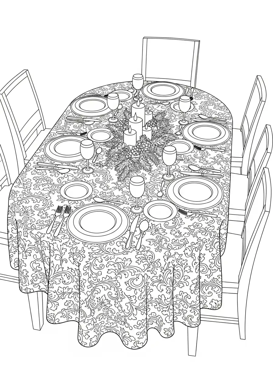 ovale eettafel met ornamenteel tafellaken kleurplaat