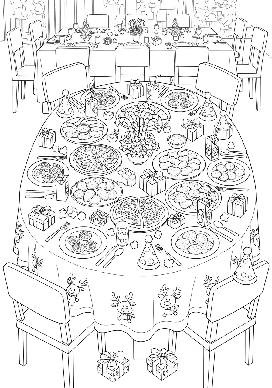 overvolle kersttafel met cadeaus en pizza kleurplaat