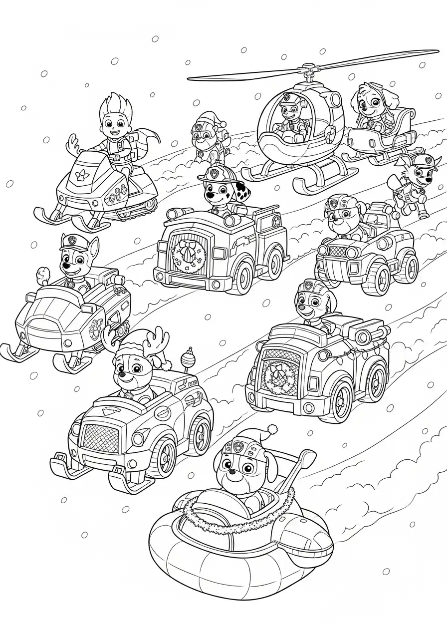 Paw Patrol Kerst Kleurplaat 31 paw patrol kerstrace in sneeuwvoertuigen Kleurplaat