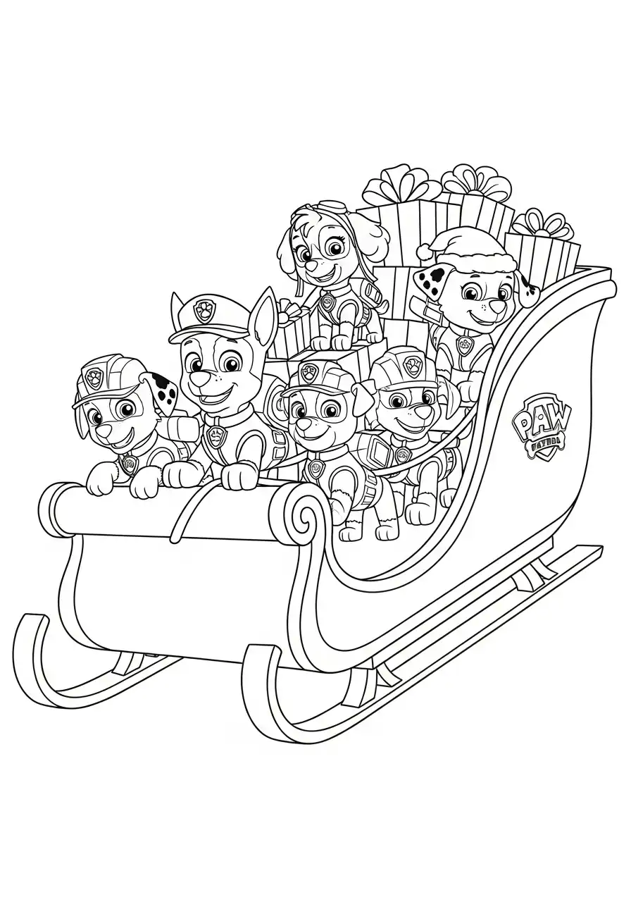 Paw Patrol Kerst Kleurplaat 35 paw patrol pups in kerstslee met cadeaus Kleurplaat
