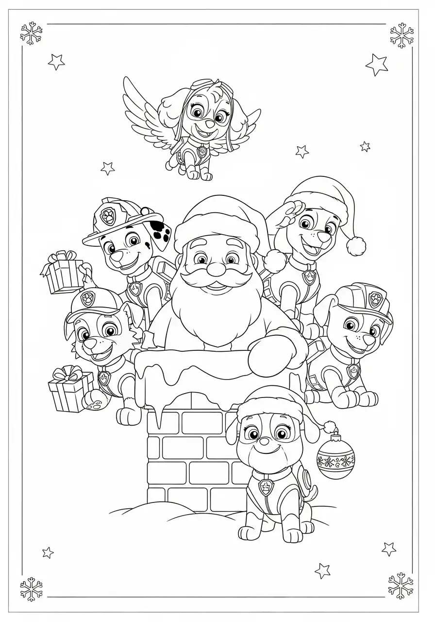 Paw Patrol Kerst Kleurplaat 36 paw patrol pups met kerstman bij schoorsteen Kleurplaat