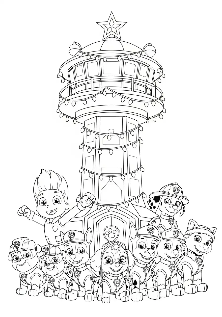 Paw Patrol Kerst Kleurplaat 37 paw patrol team voor feestelijke uitkijktoren Kleurplaat