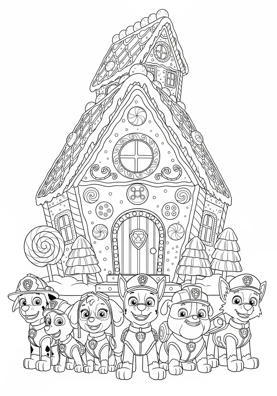 Paw Patrol Kerst Kleurplaat 38 paw patrol team voor prachtig peperkoekhuis Kleurplaat