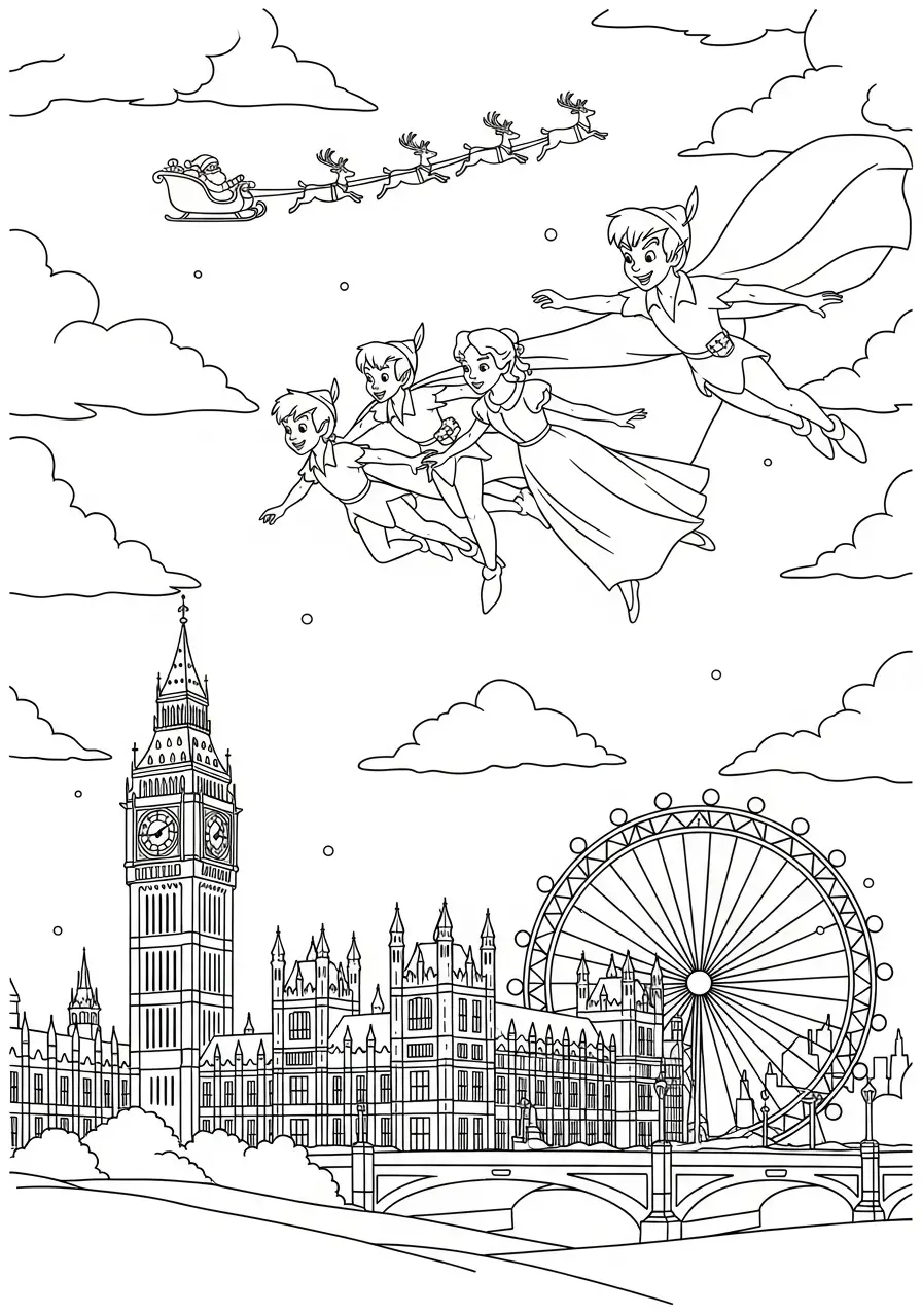 peter pan en slee van de kerstman boven londen kleurplaat