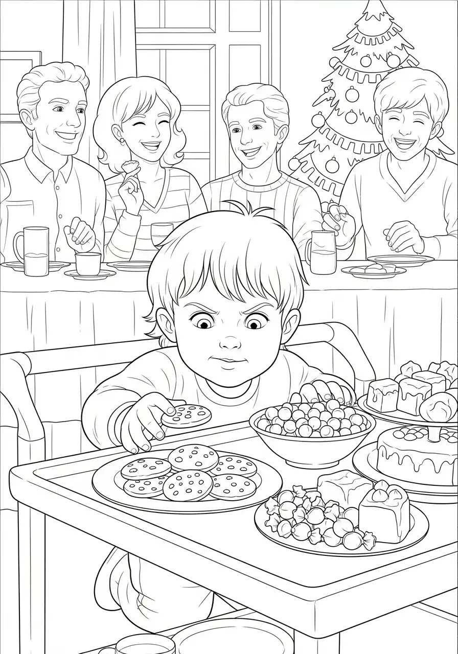 peuter eet koekjes aan de eettafel kleurplaat