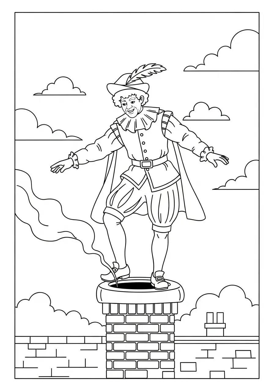 Kleurplaat Piet 11 piet bovenop de schoorsteen kleurplaat