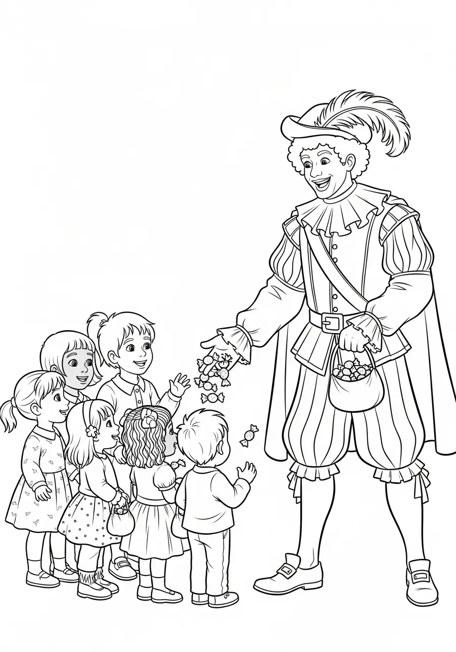 Kleurplaat Piet 12 piet deelt snoep uit aan kinderen kleurplaat