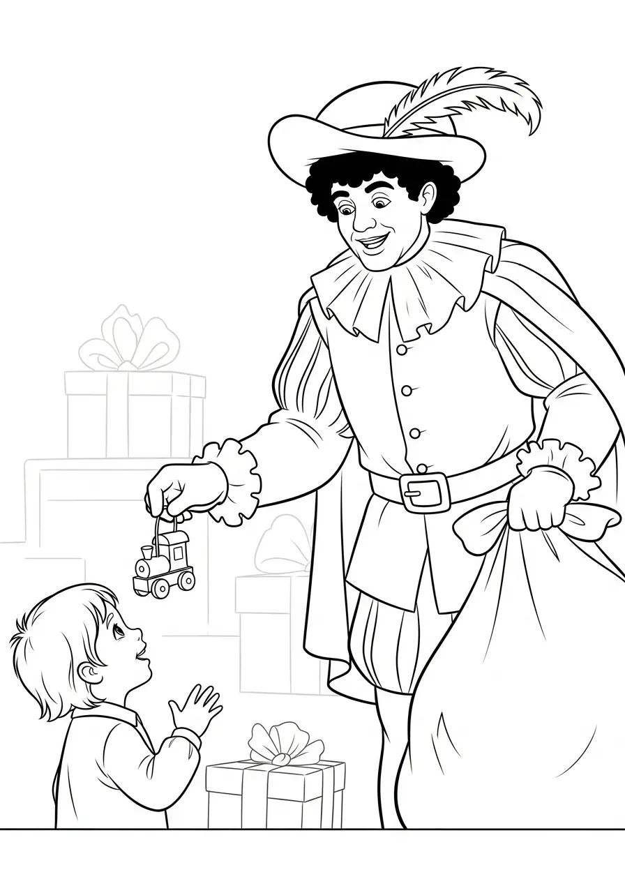 Kleurplaat Piet 13 piet geeft jongetje treintje kleurplaat