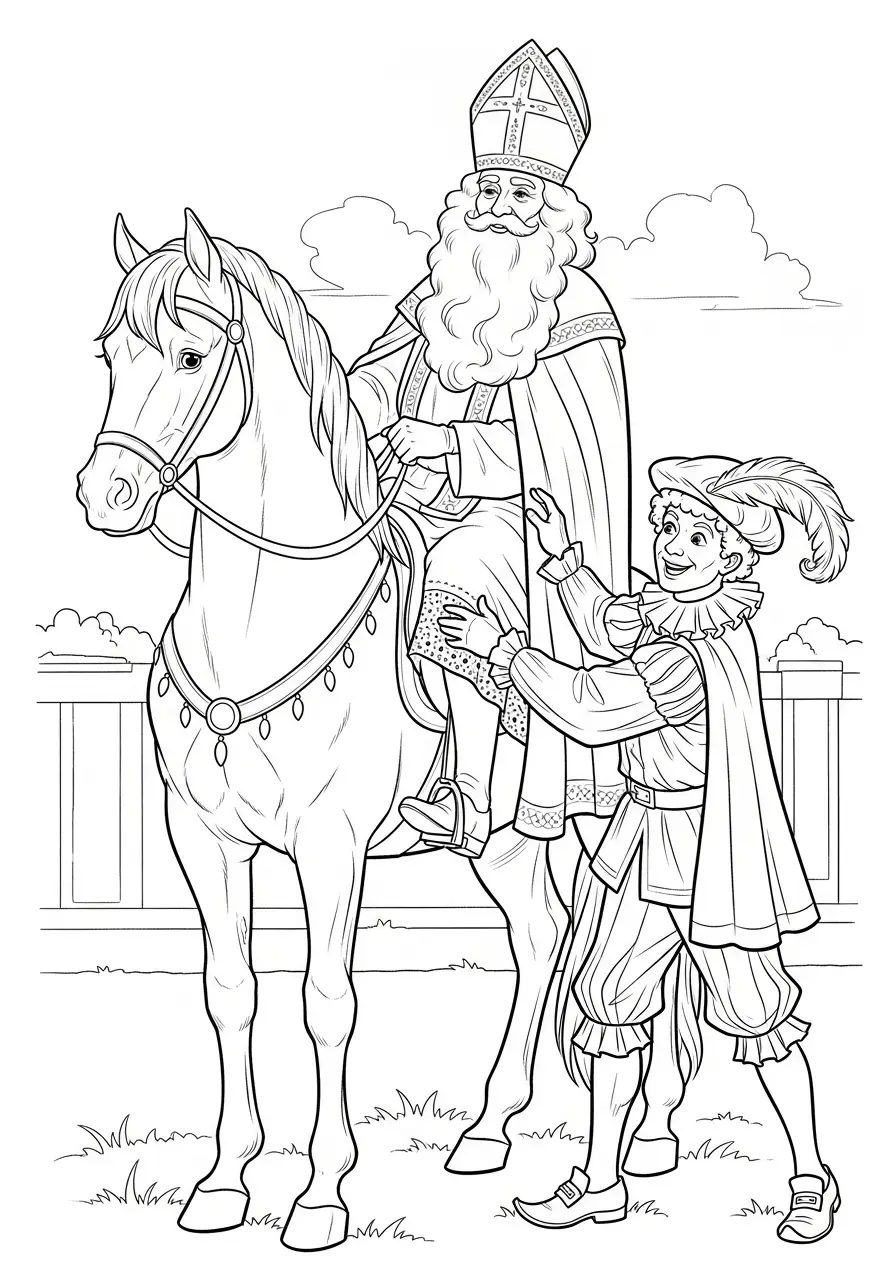 Kleurplaat Piet 14 piet helpt sinterklaas op het paard kleurplaat