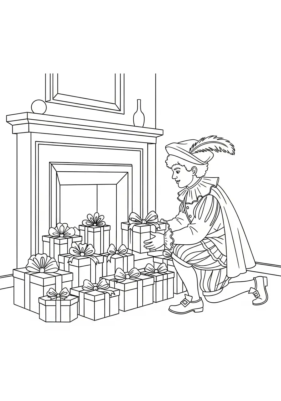 Kleurplaat Piet 20 piet legt cadeautjes bij de haard kleurplaat