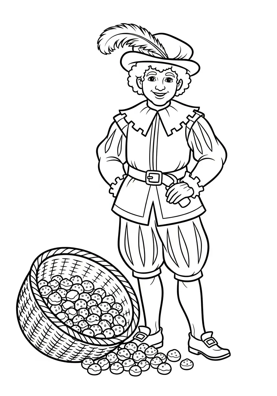 Kleurplaat Piet 21 piet met mand vol kruidnoten kleurplaat