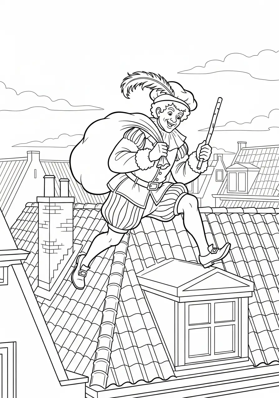 Kleurplaat Piet 25 piet rent over daken kleurplaat