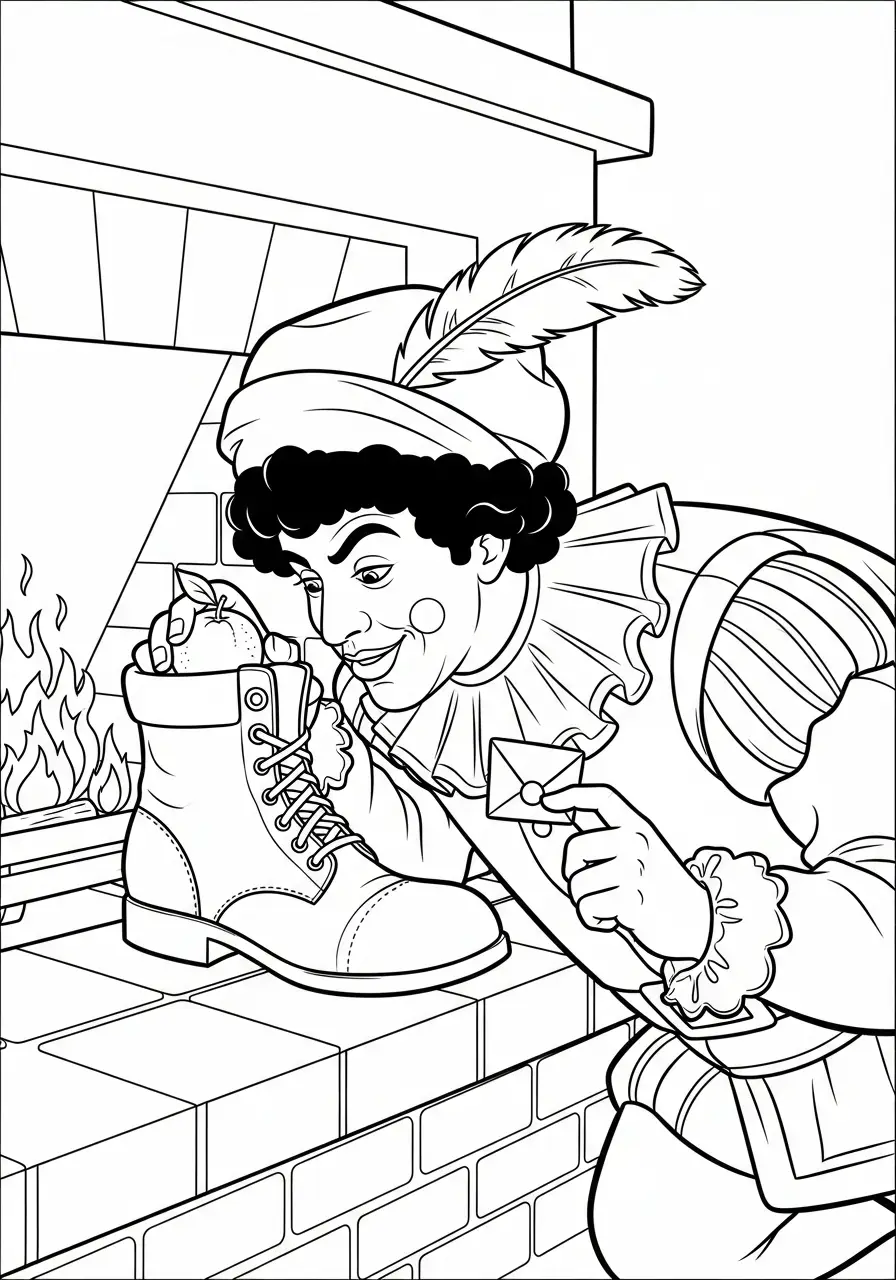 Kleurplaat Piet 26 piet stopt iets in de schoen kleurplaat