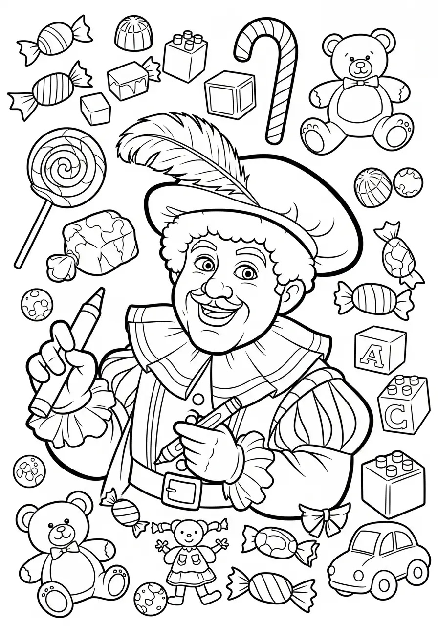 Kleurplaat Piet 27 piet tekenaar tussen snoepgoed kleurplaat