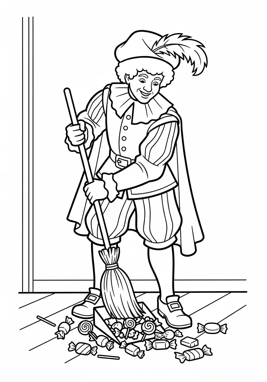 Kleurplaat Piet 28 piet veegt het strooigoed op kleurplaat