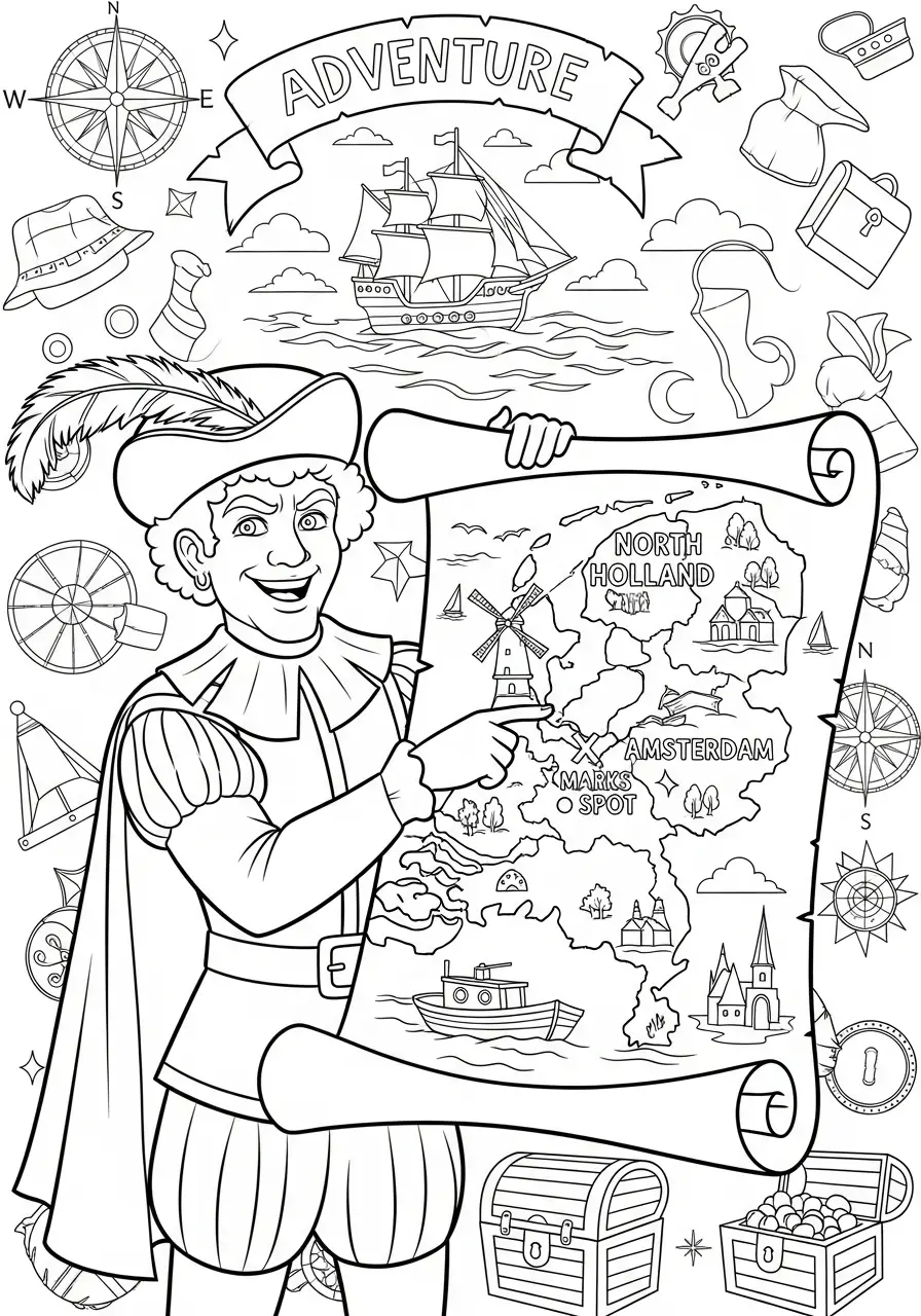 Kleurplaat Piet 30 piet wijst de weg op de kaart kleurplaat