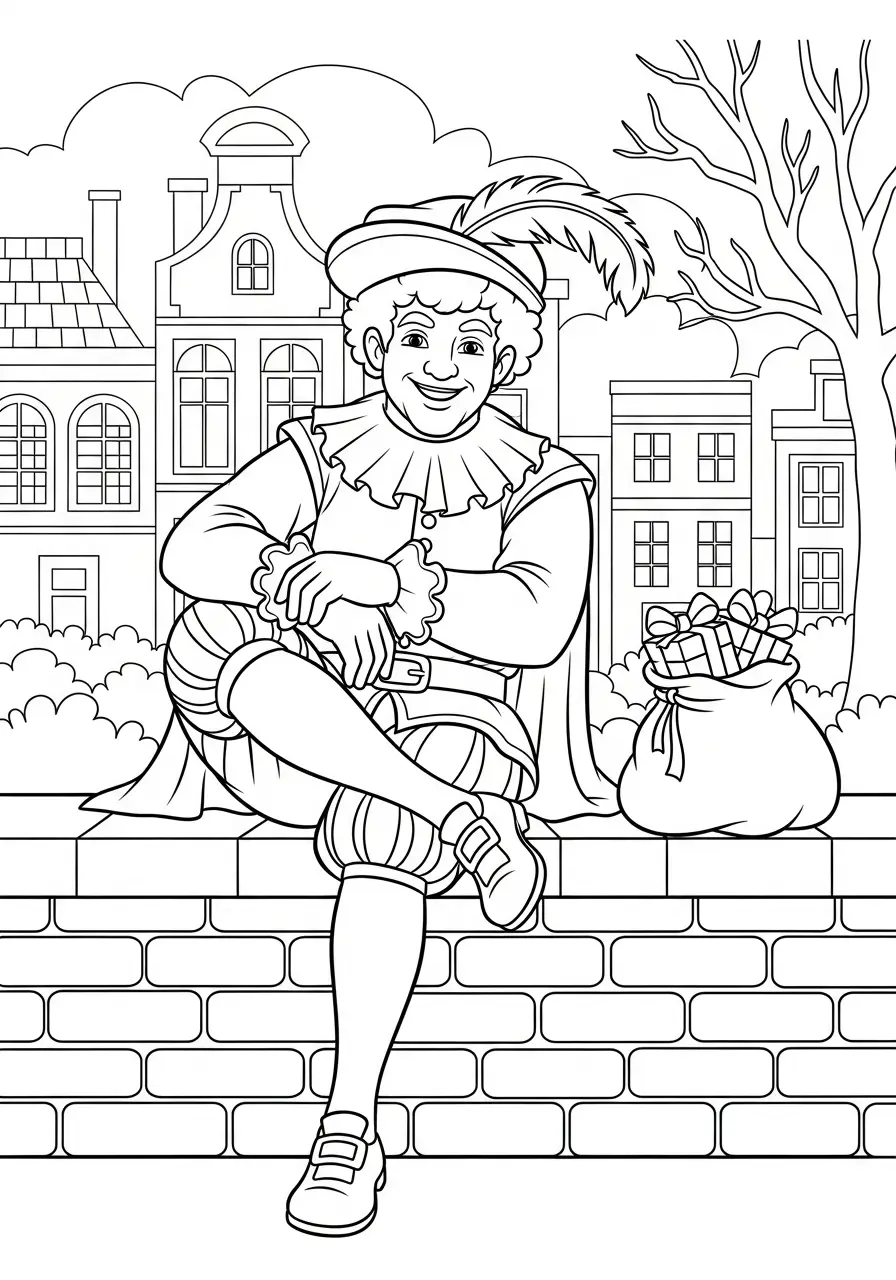 Kleurplaat Piet 31 piet zit op muurtje in de stad kleurplaat